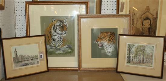 Joyce Caldwell - two pastel studies of tigers & 2 l/e prints of Westminster by Glyn Marsh